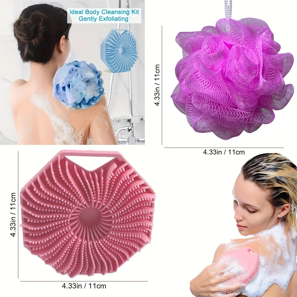 (4 Pieces)  Combination Package - Antibacterial Silicone Body Scrub And Bathroom Mesh Bag Foam Ball Set, Exfoliating Body Scrub, Suitable for Sensitive Light Beige, Bath Scrub, Suitable for Body Silicone Bath Brush